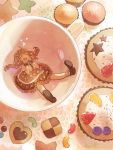  1girl :d brown_hair candy_hair_ornament chanosuke closed_eyes cookie cup cupcake dress food food_themed_hair_ornament hair_ornament heart idolmaster idolmaster_cinderella_girls in_container in_cup long_hair minigirl moroboshi_kirari open_mouth smile solo teacup twintails 