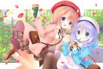  2girls :d aono_ribbon bag beret black_ribbon blue_eyes blue_hair blue_jacket blush braid brown_footwear brown_hair brown_legwear brown_skirt coat collared_shirt commentary_request copyright_name crepe cup disposable_cup dress dress_shirt drinking_straw food gochuumon_wa_usagi_desu_ka? hair_over_shoulder hat holding holding_cup holding_food hoto_cocoa jacket kafuu_chino long_hair long_sleeves looking_at_viewer multiple_girls neck_ribbon open_clothes open_coat open_mouth pantyhose petals pink_coat plaid plaid_skirt pleated_skirt purple_eyes red_headwear ribbon shirt shoe_soles shoes shoulder_bag skirt sleeves_past_wrists smile socks twin_braids twitter_username very_long_hair white_dress white_headwear white_legwear white_shirt 