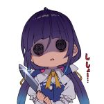  1girl @_@ absurdres ahoge blue_dress dress empty_eyes eyebrows_visible_through_hair glint highres hinatsuru_ai holding holding_knife juliet_sleeves knife long_hair long_sleeves low_twintails neck_ribbon puffy_sleeves purple_hair ribbon ryuuou_no_oshigoto! shiny shiny_hair shirabi smile solo twintails two-handed upper_body white_background wide-eyed yandere yellow_neckwear yellow_ribbon 