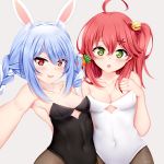  2girls ahoge animal_ear_fluff animal_ears bangs bare_arms bare_shoulders bell black_leotard blue_hair blush braid breasts brown_legwear bunny_ears bunnysuit carrot_hair_ornament chestnut_mouth chrisandita cleavage collarbone commentary covered_navel eyebrows_visible_through_hair food_themed_hair_ornament green_eyes grey_background hair_bell hair_between_eyes hair_ornament hairclip hololive jingle_bell leotard long_hair looking_at_viewer medium_breasts multicolored_hair multiple_girls one_side_up pantyhose parted_lips reaching_out red_eyes red_hair sakura_miko self_shot short_eyebrows simple_background small_breasts smile strapless strapless_leotard thick_eyebrows twin_braids twintails two-tone_hair usada_pekora virtual_youtuber white_hair white_leotard x_hair_ornament 