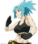  1girl bangs bare_shoulders black_gloves black_pants black_tank_top blue_eyes blue_hair earrings fighting_stance gas_can gloves highres jewelry leona_heidern midriff navel pants simple_background soldier solo tank_top the_king_of_fighters tim_yan white_background 