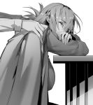  1girl braid braided_ponytail breasts closed_eyes fate/grand_order fate_(series) florence_nightingale_(fate/grand_order) folded_ponytail gloves greyscale highres hxd jacket jacket_on_shoulders large_breasts long_hair long_sleeves military_jacket monochrome sitting sleeping solo_focus 