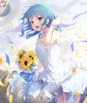  1girl :o absurdres armpit_crease bare_arms bare_shoulders blue_bow blue_eyes blue_hair blurry blush bouquet bow breasts cloud cloudy_sky collarbone commentary cowboy_shot depth_of_field dress eyelashes field floating_hair flower frilled_dress frills hair_tie hand_to_head hand_up hat hat_flower hat_loss highres hololive hoshimachi_suisei keis_(locrian1357) leaf legs_together light_particles looking_at_viewer medium_hair open_mouth outdoors petals red_flower ribbon round_teeth rubber_band shiny shiny_hair sidelocks sky sleeveless sleeveless_dress small_breasts smile solo spaghetti_strap standing straw_hat sun_hat sundress sunflower teeth twilight upper_teeth virtual_youtuber white_dress white_flower white_ribbon wind wind_lift 