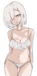  1girl bikini blue_eyes breasts chigasaki_y cleavage commentary_request cowboy_shot frilled_bikini frills hair_ornament hair_over_one_eye hairclip hamakaze_(kantai_collection) highres kantai_collection large_breasts looking_at_viewer navel short_hair silver_hair simple_background solo swimsuit white_background white_bikini 