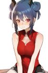  1girl alternate_costume arknights bangs bare_shoulders black_shorts blue_hair breasts ch&#039;en_(arknights) china_dress chinese_clothes cleavage cleavage_cutout crossed_legs double_bun dragon_horns dress eyebrows_visible_through_hair hair_between_eyes heoningu highres horns long_hair looking_at_viewer red_dress red_eyes shorts sidelocks simple_background sitting sleeveless solo symbol_commentary white_background 