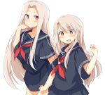  2girls alternate_costume bangs black_serafuku black_skirt blonde_hair blush breasts chata_maru_(irori_sabou) commentary_request cowboy_shot eyebrows_visible_through_hair fate/stay_night fate_(series) hand_on_own_cheek hand_up highres illyasviel_von_einzbern irisviel_von_einzbern long_hair looking_at_another looking_at_viewer medium_breasts mother_and_daughter multiple_girls neckerchief parted_bangs pleated_skirt sailor_collar school_uniform serafuku short_sleeves skirt smile sweatdrop white_background 