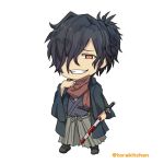  1boy bangs black_hair chibi eyebrows_visible_through_hair fate/grand_order fate_(series) full_body japanese_clothes katana kimono long_sleeves looking_at_viewer male_focus okada_izou_(fate) orange_eyes ponytail scarf smile solo sword torakichi_(ebitendon) weapon white_background 