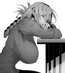  1girl braid braided_ponytail breasts closed_eyes fate/grand_order fate_(series) florence_nightingale_(fate/grand_order) folded_ponytail gloves greyscale highres hxd jacket large_breasts long_hair long_sleeves military_jacket monochrome sitting sleeping 