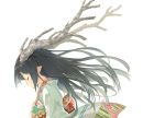  1girl antlers closed_eyes closed_mouth floating_hair floral_print green_kimono grey_hair japanese_clothes kimono long_hair negative_space obi original pointy_ears profile sash shirabi simple_background smile solo upper_body white_background 
