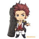  1boy bangs beard blue_eyes brown_hair cannon chest chibi collar epaulettes facial_hair fate/grand_order fate_(series) fringe_trim full_body goatee huge_weapon jacket long_sleeves looking_at_viewer male_focus muscle napoleon_bonaparte_(fate/grand_order) open_clothes open_jacket open_shirt pants pectorals scar sideburns solo torakichi_(ebitendon) weapon white_background 