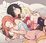  ... 3girls absurdres bare_shoulders black_hair blonde_hair blush breasts brown_eyes closed_eyes commentary_request ear_blush eleanor_hume hair_between_eyes hair_over_one_eye highres magilou_(tales) midriff miiii multiple_girls navel pillow pointy_ears red_hair sleeping sleeping_on_person smile spoken_ellipsis sweat tales_of_(series) tales_of_berseria underboob velvet_crowe yuri 