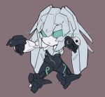  aqua_eyes chibi dual_wielding glowing glowing_eyes grey_background gun gundam gundam_build_divers gundam_build_divers_re:rise handgun holding holding_gun holding_weapon kurt0818 looking_to_the_side may_(gundam_build_divers_re:rise) mecha no_humans pistol solo weapon 