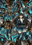  1girl black_hair breasts cleavage garimpeiro glowing glowing_eyes highres holding holding_lance holding_polearm holding_weapon lance mecha medium_breasts open_mouth original polearm thighhighs weapon yellow_eyes 