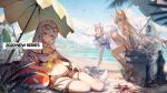  3girls :d alchemaniac alternate_costume animal_ear_fluff animal_ears arknights arm_support bangs bare_shoulders bikini black_shorts breasts brown_eyes eyebrows_visible_through_hair hair_between_eyes highres horse_ears large_breasts large_tail laurel_crown long_hair looking_at_viewer multiple_girls navel official_art open_mouth outstretched_arms parted_lips platinum_(arknights) provence_(arknights) purple_hair red_eyes sandals screencap short_shorts shorts silver_hair skadi_(arknights) smile standing stomach swimsuit tail thigh_strap thighs very_long_hair white_hair wolf_ears wolf_tail yellow_eyes 