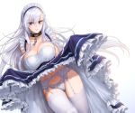  1girl azur_lane bangs bare_shoulders belfast_(azur_lane) blue_eyes braid breasts chain cleavage closed_mouth collar collarbone commentary dress dress_lift eyebrows_visible_through_hair floating_hair french_braid frills garter_belt large_breasts lifted_by_self long_hair looking_at_viewer maid maid_headdress navel panties shoukaki_(earthean) side_braid smile solo thighhighs underwear very_long_hair white_hair white_legwear white_panties 