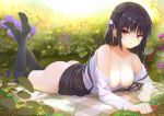  1girl :o absurdres ass bangs black_hair black_legwear black_skirt blanket blue_(9153585) breasts cafe_stella_to_shinigami_no_chou clenched_hands collarbone eyebrows_visible_through_hair feet feet_up flower full_body garden grass hair_flower hair_ornament hair_ribbon highres huge_filesize leaf long_hair looking_at_viewer lying medium_breasts nipples no_panties no_shoes on_stomach open_clothes open_mouth open_shirt outdoors parted_lips ribbon shiki_natsume shirt signature skirt skirt_lift soles solo thighhighs thighs white_shirt yellow_eyes yuzu-soft 