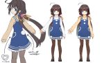  1girl ahoge arms_at_sides blue_dress blue_eyes brown_hair brown_legwear closed_mouth concept_art dress hair_ribbon heart hinatsuru_ai long_hair long_sleeves looking_at_viewer low_twintails multiple_views official_art pantyhose ribbon ryuuou_no_oshigoto! shirabi smile standing sweater translation_request twintails very_long_hair white_sweater yellow_ribbon yellow_sweater 