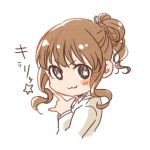  1girl :3 blush_stickers brown_eyes brown_hair chanosuke commentary ear hair_bun hand_gesture idolmaster idolmaster_cinderella_girls long_hair moroboshi_kirari shirt sidelocks simple_background solo star-shaped_pupils star_(symbol) symbol-shaped_pupils white_background 