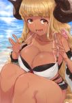  1girl absurdres anila_(granblue_fantasy) ao_(aocooler) bangs beach blonde_hair blunt_bangs breasts cleavage detached_sleeves draph granblue_fantasy highres horns large_breasts layered_bikini long_hair ocean open_mouth orange_eyes sheep_horns sitting smile solo strap_pull tan tanline very_long_hair water 