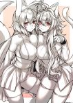  2girls ahoge animal_ears bare_shoulders breast_press breasts cat_ears cat_girl cat_tail cleavage collarbone commentary_request comomo_(tk) cowboy_shot eyebrows_visible_through_hair fox_ears fox_girl fox_tail greyscale hair_between_eyes highres hug husca_(tk) large_breasts long_hair looking_at_viewer monochrome multiple_girls orange_eyes original sideboob smile symmetrical_docking tail takatsuki_ichi thighhighs 