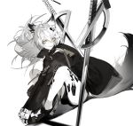  1girl animal_ears arknights black_jacket crossed_legs hair_ornament hairclip jacket katana lappland_(arknights) long_hair long_sleeves looking_at_viewer nineo open_mouth scar scar_across_eye sharp_teeth shoes shorts silver_hair sitting solo sword tail teeth weapon white_background wolf_ears wolf_tail yellow_eyes 