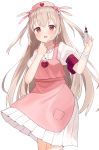  1girl :d apron armband bandaged_arm bandages bangs blush brown_hair bunny_hair_ornament center_frills commentary_request eyebrows_visible_through_hair fang frills hair_between_eyes hair_ornament hands_up hat heart highres holding holding_syringe idemitsu long_hair looking_at_viewer natori_sana nurse nurse_cap open_mouth pink_apron pink_headwear pleated_skirt puffy_short_sleeves puffy_sleeves red_eyes sana_channel shirt short_sleeves simple_background skirt smile solo standing syringe two_side_up very_long_hair virtual_youtuber white_background white_shirt white_skirt 