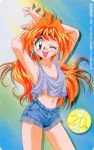  1990s_(style) 1girl ;d anniversary araizumi_rui armpits arms_up casual cowboy_shot denim denim_shorts earrings fringe_trim hoop_earrings jewelry lina_inverse long_hair midriff navel not_for_sale official_art one_eye_closed open_mouth orange_hair red_eyes shorts slayers smile solo tank_top 