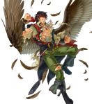  1boy abs alternate_costume bandages belt boots bracelet brown_hair dagger drink feathered_wings feathers fire_emblem fire_emblem:_radiant_dawn fire_emblem_heroes full_body headband highres injury jewelry kita_senri necklace official_art pointy_ears scar solo teeth tibarn_(fire_emblem) torn_clothes transparent_background weapon wings yellow_eyes 