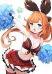  1girl armpits blush breasts cheerleader clarisse_(granblue_fantasy) cleavage feff672166 gloves granblue_fantasy green_eyes iwao_(pixiv258710) long_hair medium_breasts navel orange_hair pom_poms ponytail ribbon skirt sleeveless solo thighhighs 