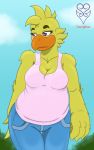  10:16 4_fingers alternate_form anthro anthrofied avian beak bird bottomwear breasts chica_(fnaf) chicken claws clothing feathers female fingers five_nights_at_freddy&#039;s fluffy fluffy_tail galliform gallus_(genus) hi_res jeans mammal non-mammal_breasts orange_beak overweight overweight_anthro overweight_female pants phasianid purple_eyes shirt slightly_chubby solo t-shirt thevgbear thick_thighs toes topwear video_games white_claws wide_hips yellow_body yellow_feathers 
