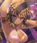  1girl arabian_clothes arm_up armlet armpits bandeau bangs bare_shoulders bracelet breasts cleavage closed_mouth dancer dark_skin earrings eyebrows_visible_through_hair halterneck harem_outfit highres idolmaster idolmaster_cinderella_girls idolmaster_cinderella_girls_starlight_stage jewelry looking_at_viewer meisa_work natalia_(idolmaster) necklace purple_eyes ring see-through sheer_clothes short_hair solo standing 