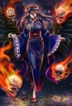  1girl 910pan albedo black_hair black_wings blue_kimono breasts demon_girl demon_horns feathered_wings flaming_skull flip-flops floating_skull full_body hair_between_eyes hair_ribbon highres horns japanese_clothes kimono large_breasts long_hair long_sleeves looking_at_viewer obi overlord_(maruyama) print_kimono red_ribbon ribbon sandals sash skull smile solo standing standing_on_one_leg wide_sleeves wings yellow_eyes yukata 