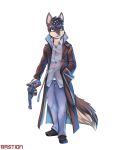  2020 absurd_res anthro bastion blue_eyes canid canine canis clothing domestic_dog gun handgun hi_res male mammal ranged_weapon revolver scar signature simple_background solo weapon white_background 