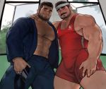  2boys abs bara beard body_hair bulge chest chest_hair couple facial_hair hand_on_another&#039;s_neck headband highres jang_ju_hyeon male_focus manly multiple_boys muscle nipples original pectorals shirtless simple_background thick_thighs thighs wrestling_outfit yaoi 