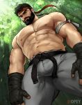  1boy abs bara beard black_hair body_hair bulge chest chest_hair facial_hair headband highres jang_ju_hyeon looking_at_viewer male_focus manly muscle nipples pants pectorals ryuu_(street_fighter) shirtless simple_background street_fighter street_fighter_ii_(series) thick_thighs thighs 