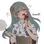  ! !! 1girl aqua_eyes aqua_hair bangs blush breasts candy_apple cotton_candy dated floral_print food hair_ornament highres holding holding_food japanese_clothes kantai_collection kimono long_hair obi open_mouth ruohire9 sash simple_background solo spoken_exclamation_mark suzuya_(kantai_collection) sweat twitter_username upper_body white_background white_kimono wide_sleeves yukata 