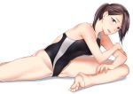  1girl :d bare_shoulders barefoot breasts brown_hair competition_swimsuit kyuuso_inukami long_hair looking_at_viewer one-piece_swimsuit open_mouth original ponytail purple_eyes sitting smile solo spread_legs stretched_limb swimsuit teeth 