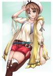  1girl absurdres atelier_(series) atelier_ryza bangs black_ribbon boots breasts brown_eyes brown_hair fang highres huge_filesize leather_belt looking_at_viewer nana_kamiii open_mouth red_shorts reisalin_stout ribbon round-bottom_flask shirt short_shorts shorts skin_fang skindentation sleeveless sleeveless_jacket smile solo thick_thighs thighs toeless_boots v vest vial white_headwear yellow_vest 
