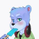  1:1 2020 animated bastion blush clothing dessert food headphones heterochromia ice_cream looking_at_viewer lutrine male mammal mustelid short_playtime simple_background solo white_background 
