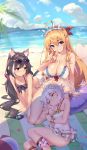  3girls absurdres ahoge all_fours animal_ear_fluff animal_ears antenna_hair ass ball bangs bare_arms bare_shoulders beach beach_towel beachball bikini black_bikini black_hair blue_eyes blue_sky blurry blurry_background blush bracelet braid breast_envy breasts cat_ears cat_girl cat_tail cleavage closed_eyes closed_mouth cloud cloudy_sky collarbone covered_navel day eyebrows_visible_through_hair eyewear_on_head feet_out_of_frame finger_to_mouth flower frills front-tie_bikini front-tie_top green_eyes grin hair_between_eyes hair_flower hair_ornament hair_ribbon halter_top halterneck hand_up highres index_finger_raised innertube jewelry karyl_(princess_connect!) kokkoro_(princess_connect!) lap_pillow large_breasts long_hair looking_at_viewer low_twintails lying medium_breasts multicolored_hair multiple_girls navel ocean on_side one-piece_swimsuit orange_flower orange_hair outdoors palm_tree parted_lips pecorine pink_flower pointy_ears princess_connect! princess_connect!_re:dive red_ribbon ribbon sand see-through sgt-jz short_hair shushing side-tie_bikini single_braid sitting skindentation sky sleeping small_breasts smile star_ornament starfish streaked_hair sunglasses swimsuit symbol_commentary tail thighs tiara towel tree twintails v-shaped_eyebrows very_long_hair water white_bikini white_flower white_hair white_swimsuit yokozuwari 