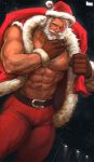  1boy abs absurdres bara bare_shoulders beard body_hair bulge chest chest_hair facial_hair hat highres jang_ju_hyeon looking_at_viewer male_focus manly muscle nipples original pectorals santa_claus santa_costume santa_hat shirtless simple_background sleeveless thick_thighs thighs 