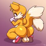  1:1 2020 2_tails anthro balls butt canid canine clothing footwear fox frumples genitals gloves gradient_background handwear hi_res looking_at_viewer male mammal miles_prower multi_tail shadow shoes simple_background solo sonic_the_hedgehog_(series) 