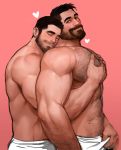  2boys abs bara beard body_hair bulge chest chest_hair couple facial_hair head_on_another&#039;s_shoulder highres jang_ju_hyeon male_focus manly multiple_boys muscle nipples original pectoral_grab pectorals shirtless simple_background yaoi 