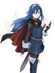  1girl arm_at_side belt black_cape blue_eyes blue_hair boots cape closed_mouth fingerless_gloves fire_emblem fire_emblem_awakening gloves hair_ornament highres holding long_hair long_sleeves looking_at_viewer lucina_(fire_emblem) ribbed_sweater ryon_(ryonhei) simple_background solo standing sweater sword thigh_boots thighhighs tiara turtleneck weapon white_background wrist_cuffs 