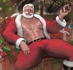  1boy abs bara beard body_hair bulge chest christmas facial_hair gift highres jang_ju_hyeon male_focus manly muscle nipples original pectorals santa_claus santa_costume shirtless simple_background thick_thighs thighs 