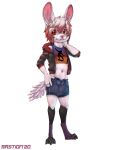  2020 absurd_res anthro avian bastion bird clothing hi_res hybrid lagomorph leporid looking_at_viewer male mammal navel rabbit red_eyes signature simple_background solo standing white_background 