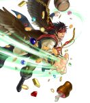  1boy alternate_costume bag bandages barrel belt boots bracelet brown_hair coin dagger drink feathered_wings feathers fire_emblem fire_emblem:_radiant_dawn fire_emblem_heroes food full_body gem headband highres jewelry kita_senri meat necklace official_art open_mouth pointy_ears scar solo teeth tibarn_(fire_emblem) transparent_background weapon wings yellow_eyes 