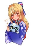 1girl animal blonde_hair blue_eyes blue_kimono blush bow cat commentary crossover dark_skin doubutsu_no_mori eyebrows_visible_through_hair floral_print glasses grin hair_bow heterochromia holding holding_animal holding_cat hololive jack_(doubutsu_no_mori) japanese_clothes kimono long_hair looking_at_viewer multicolored_hair pointy_ears red_eyes sasaki_(glass1138) shiranui_flare simple_background smile streaked_hair two-tone_hair upper_body white_background white_hair yellow_eyes 