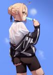  1girl ahoge artoria_pendragon_(all) ass bike_shorts black-framed_eyewear black_choker black_shorts blonde_hair braid choker dripping eating fate/grand_order fate_(series) food food_in_mouth french_braid from_behind fu-ta glasses hair_ribbon holding holding_food jacket looking_back mysterious_heroine_x_(alter) open_clothes open_jacket popsicle ribbon see-through semi-rimless_eyewear shirt shorts solo sweat track_jacket under-rim_eyewear white_shirt yellow_eyes 