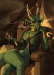  alcohol anthro beverage breasts clothing dragon ear_piercing female gold_(metal) gold_jewelry green_body green_nipples green_scales hi_res holding_beverage holding_glass holding_object honovy horn jewelry looking_at_viewer navel nipples non-mammal_breasts piercing scales scalie sitting solo text translucent translucent_clothing url wine 